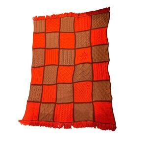 Vintage Handmade Orange & Brown Crochet Afghan 68”x52”
